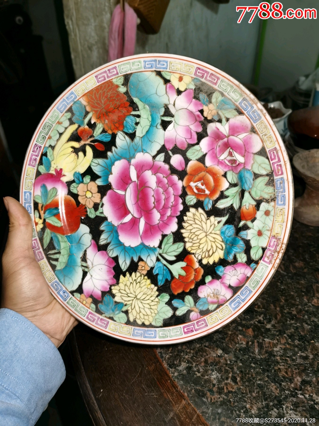 老国营厂彩绘描金百花盘子两个底款中国汕彩