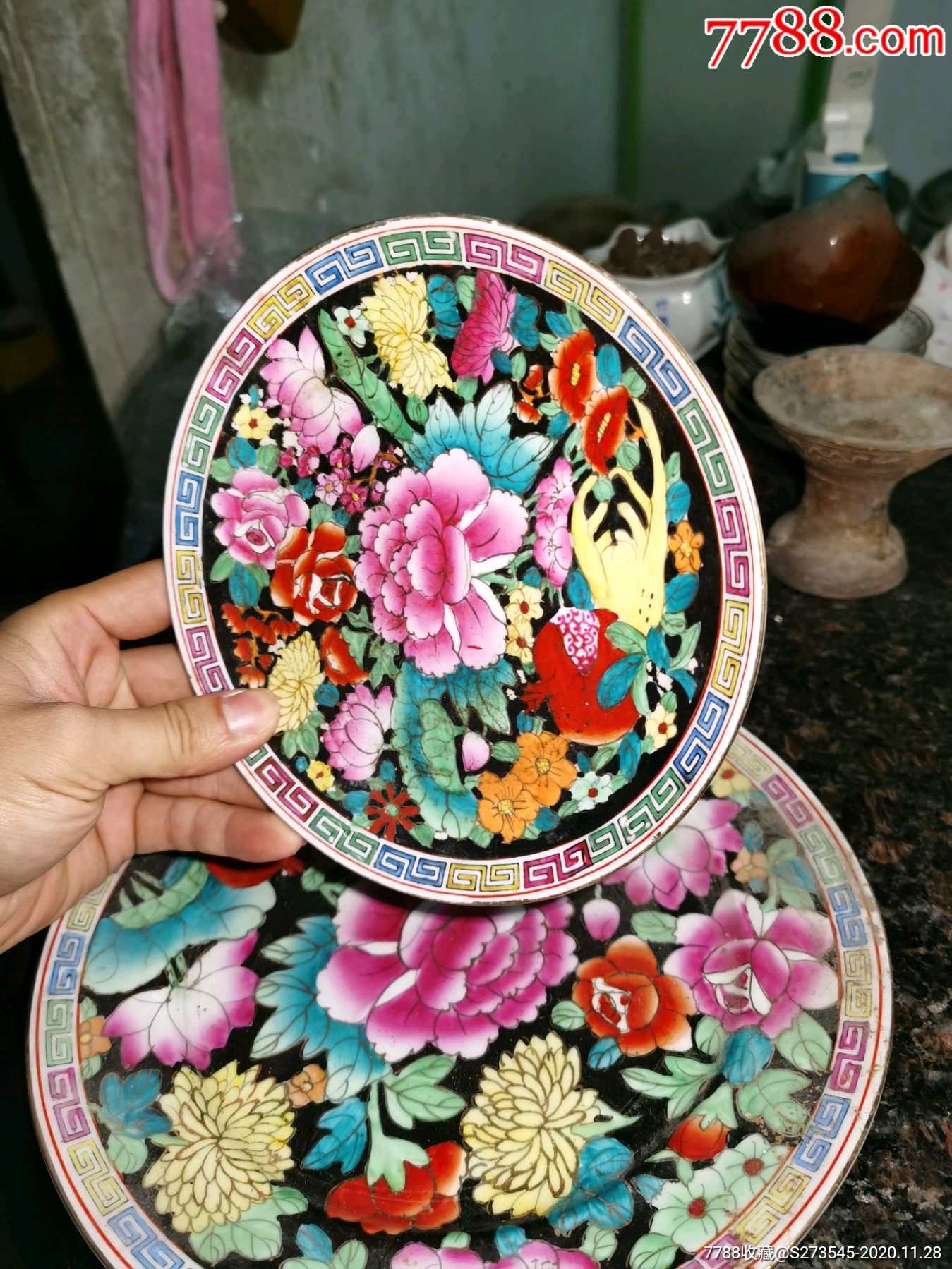 老国营厂彩绘描金百花盘子两个底款中国汕彩