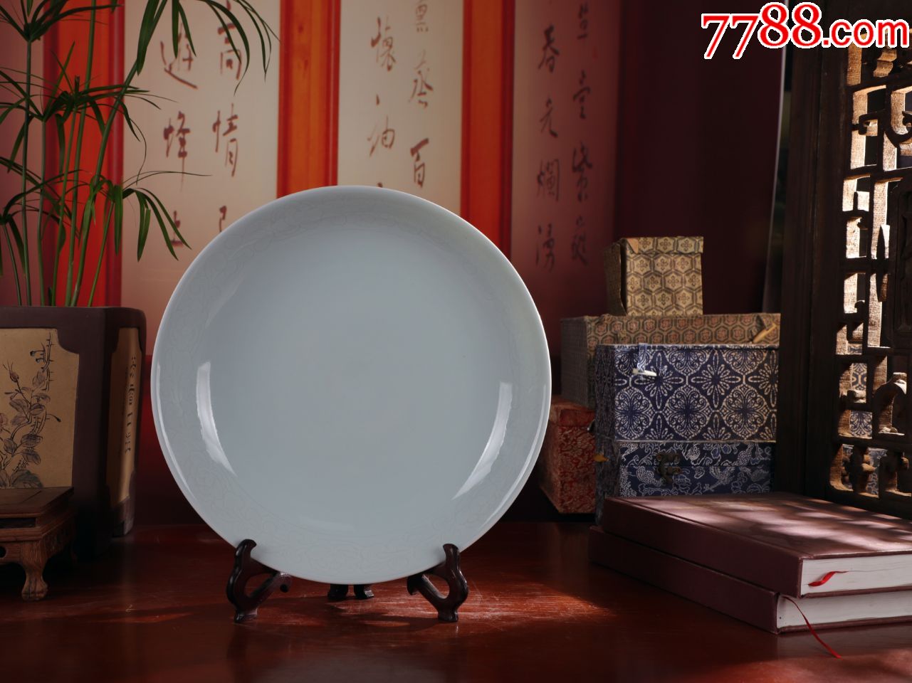 景德镇老厂货瓷器/全手工拉坯影青暗刻花卉图大赏盘