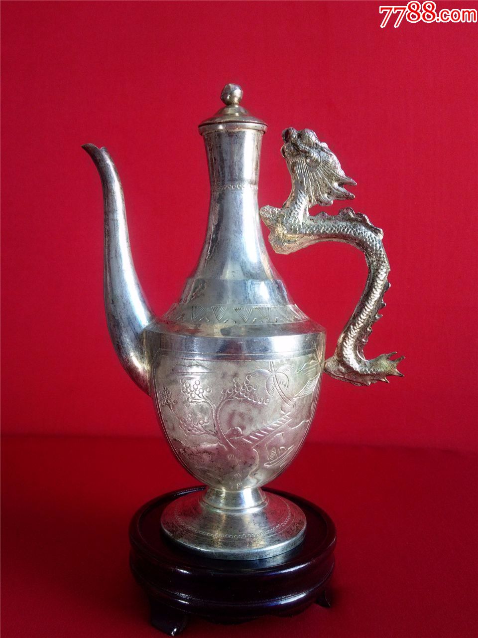 龙把錾刻凤壶簪花银酒壶