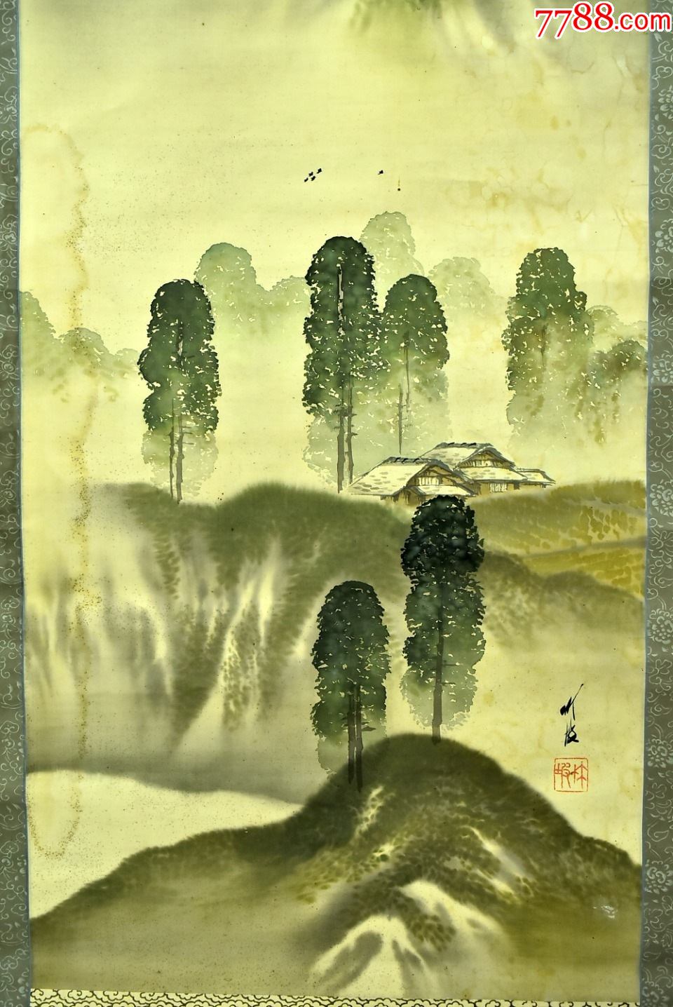 (vh3673)尾竹竹坡笔绢本手绘《夏日山水图》原盒装裱立轴画一幅纸裱