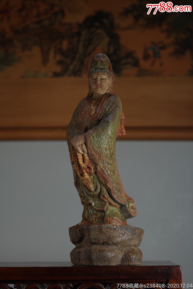老木雕彩绘观音摆件