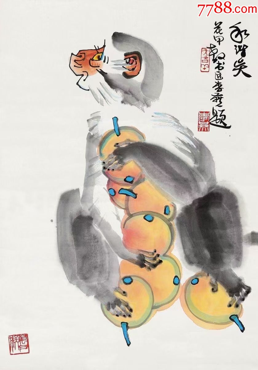 天来堂◆苦禅之子李燕◆四尺三开猴_花鸟国画原作_作品欣赏_收藏价值