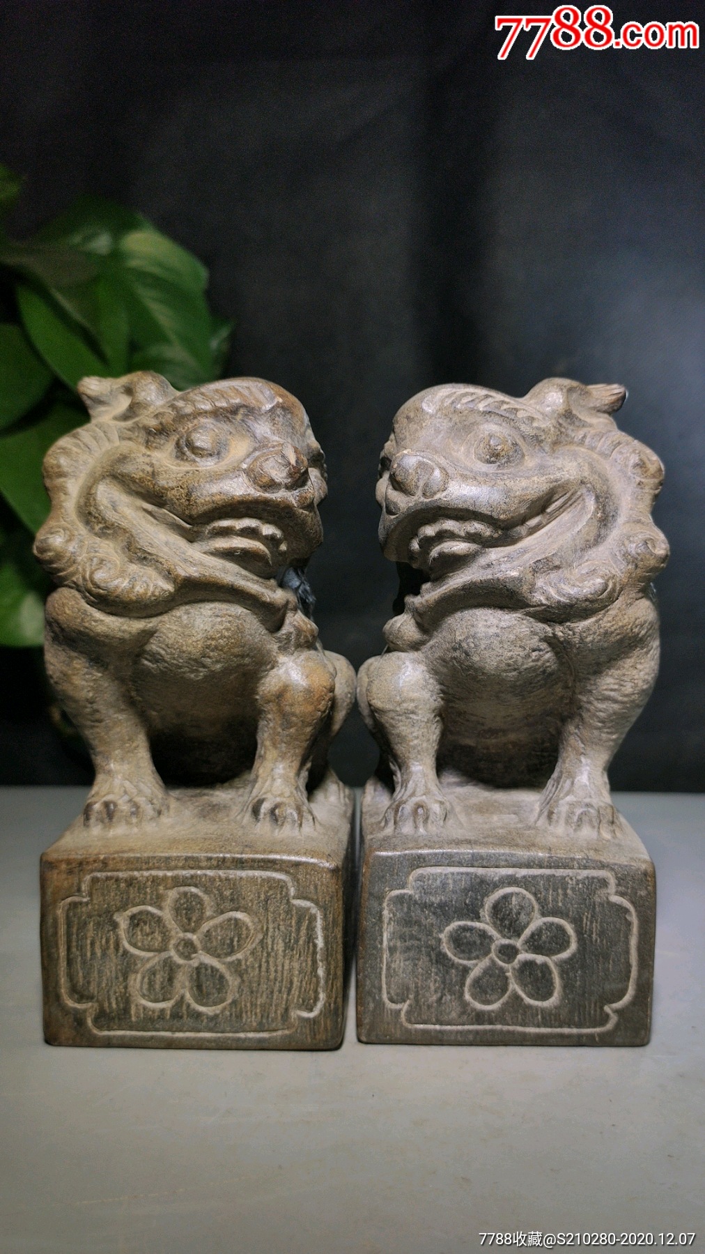 案头石狮子一对造型独特石质坚硬雕刻精致底座有工摆放美观