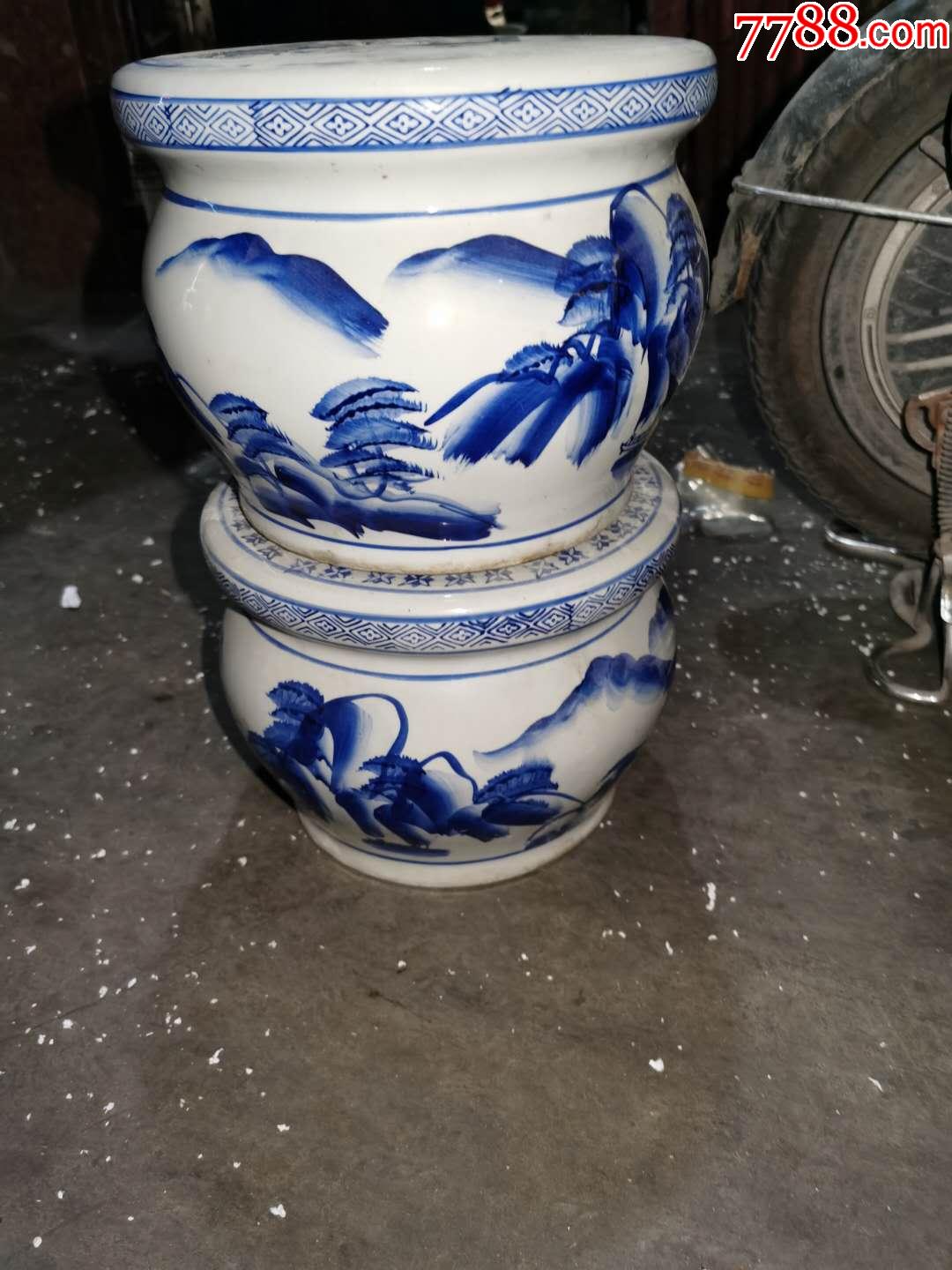 老青花山水小瓷鼓花坐一对