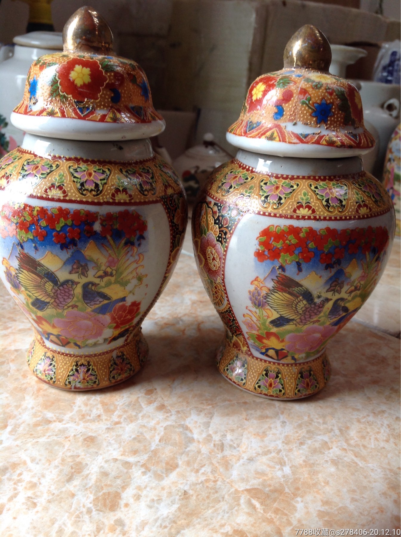 60年代彩绘描金将军罐一对.