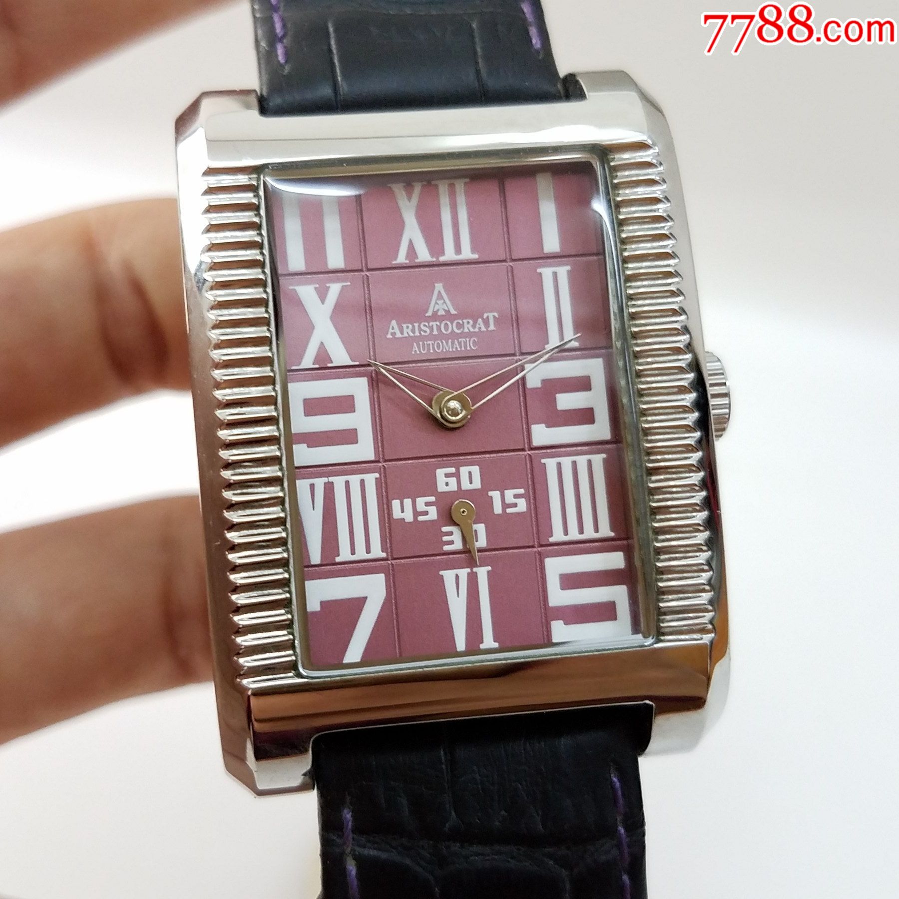 美品】aristocrat自动机械男表【独特小三针设计,漂亮方格紫盘】-手表