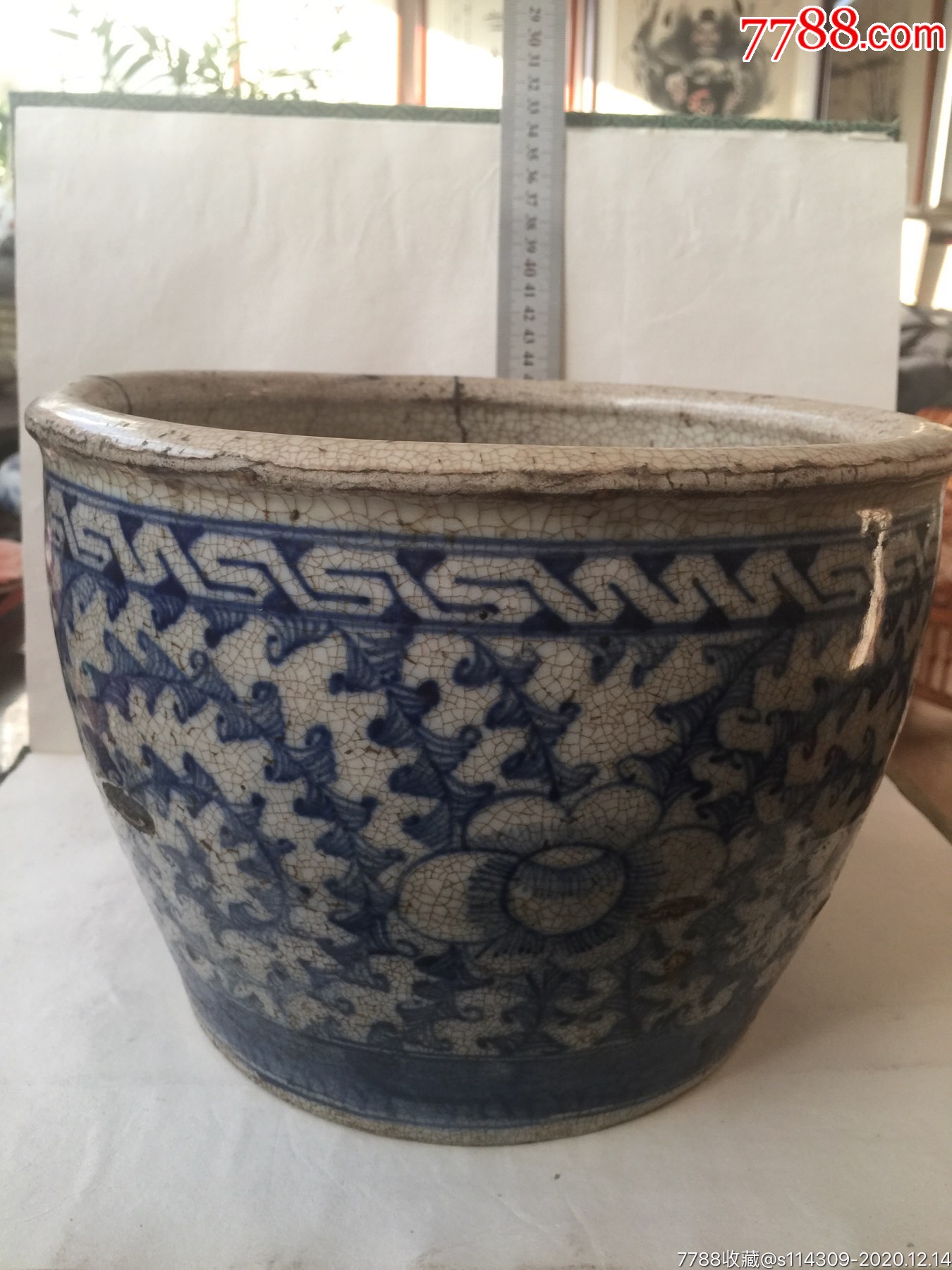 晚清哥釉青花小卷缸