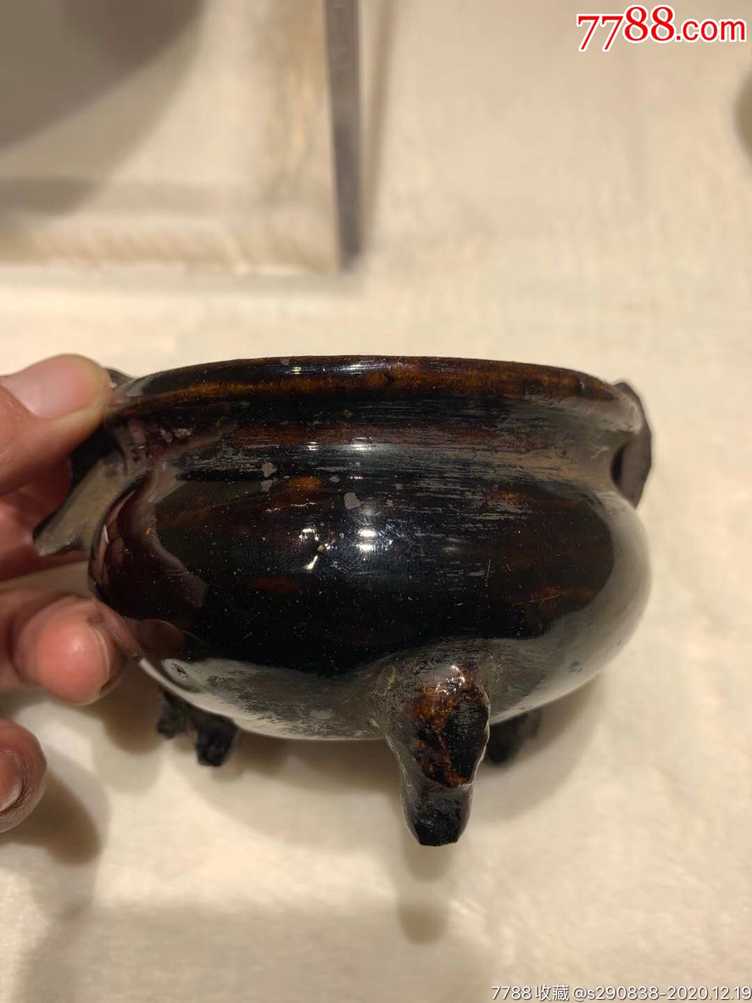 清代紫金釉双象耳香炉