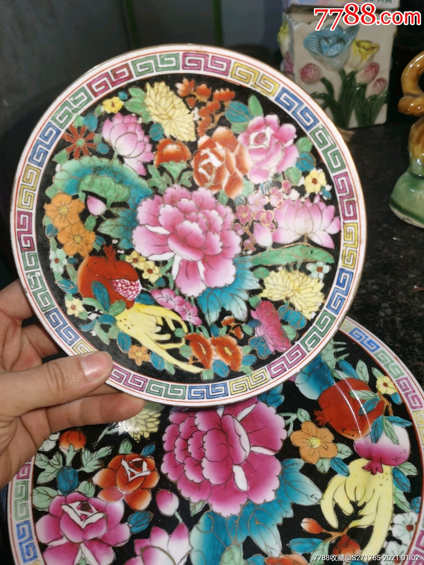 老彩绘描金百花盘子两个-彩绘瓷/彩瓷-7788陶瓷