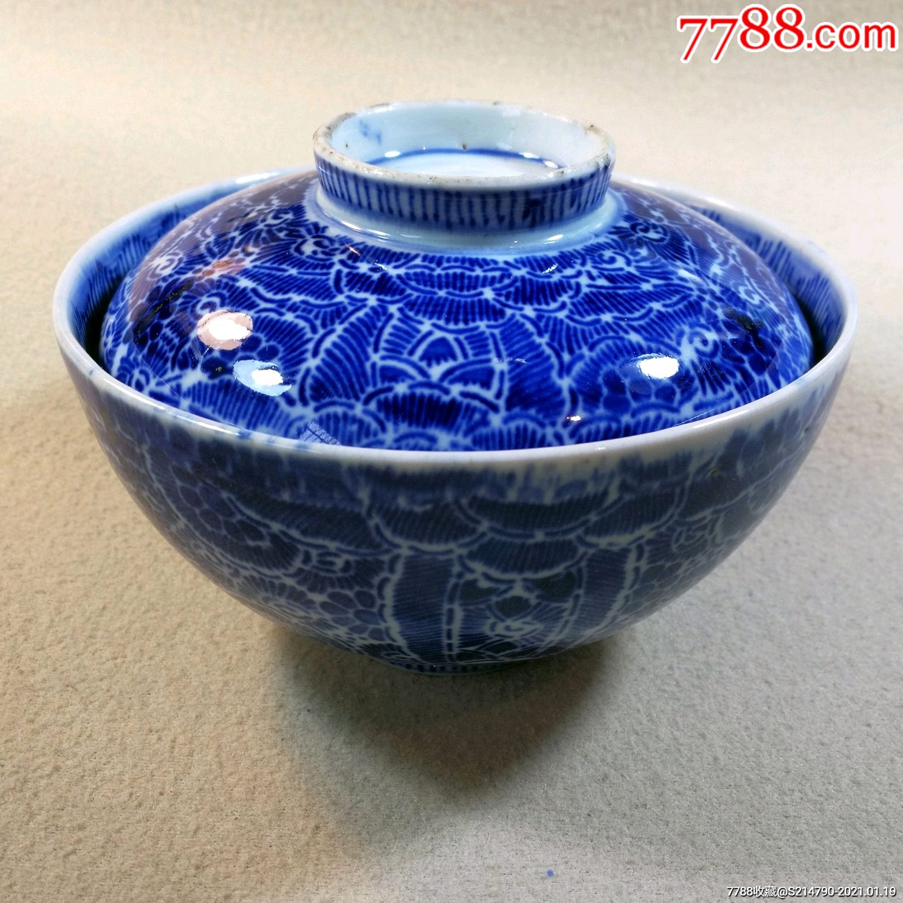 民国青花盖碗茶,满工蓝,全品