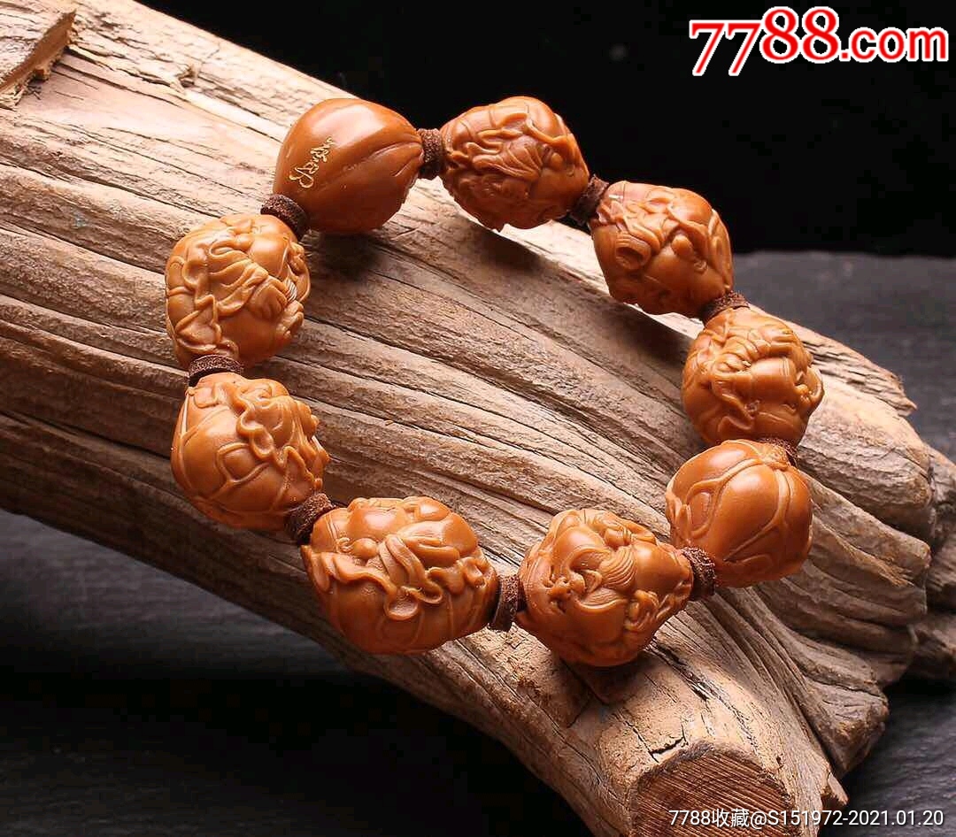 橄榄核雕荷叶财神手串名家苏勇