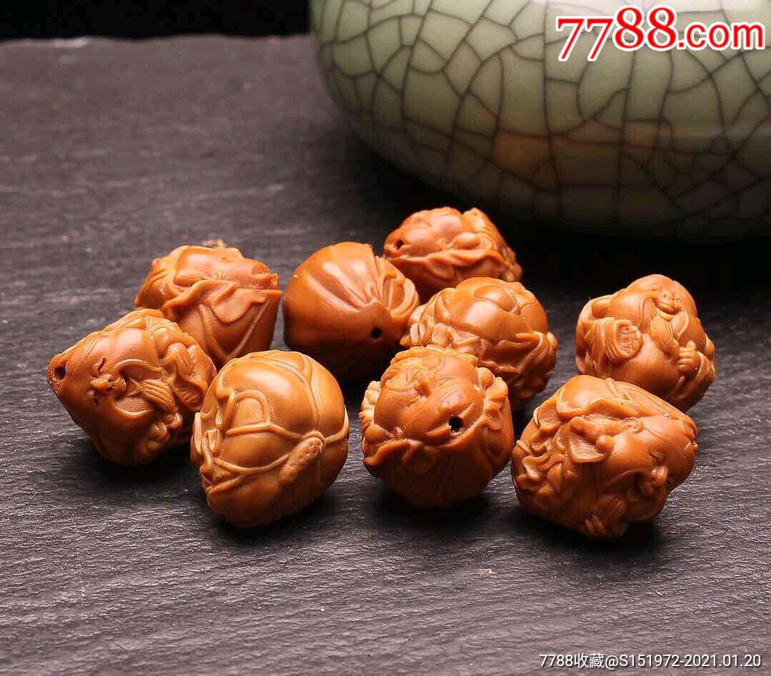 橄榄核雕荷叶财神手串名家苏勇