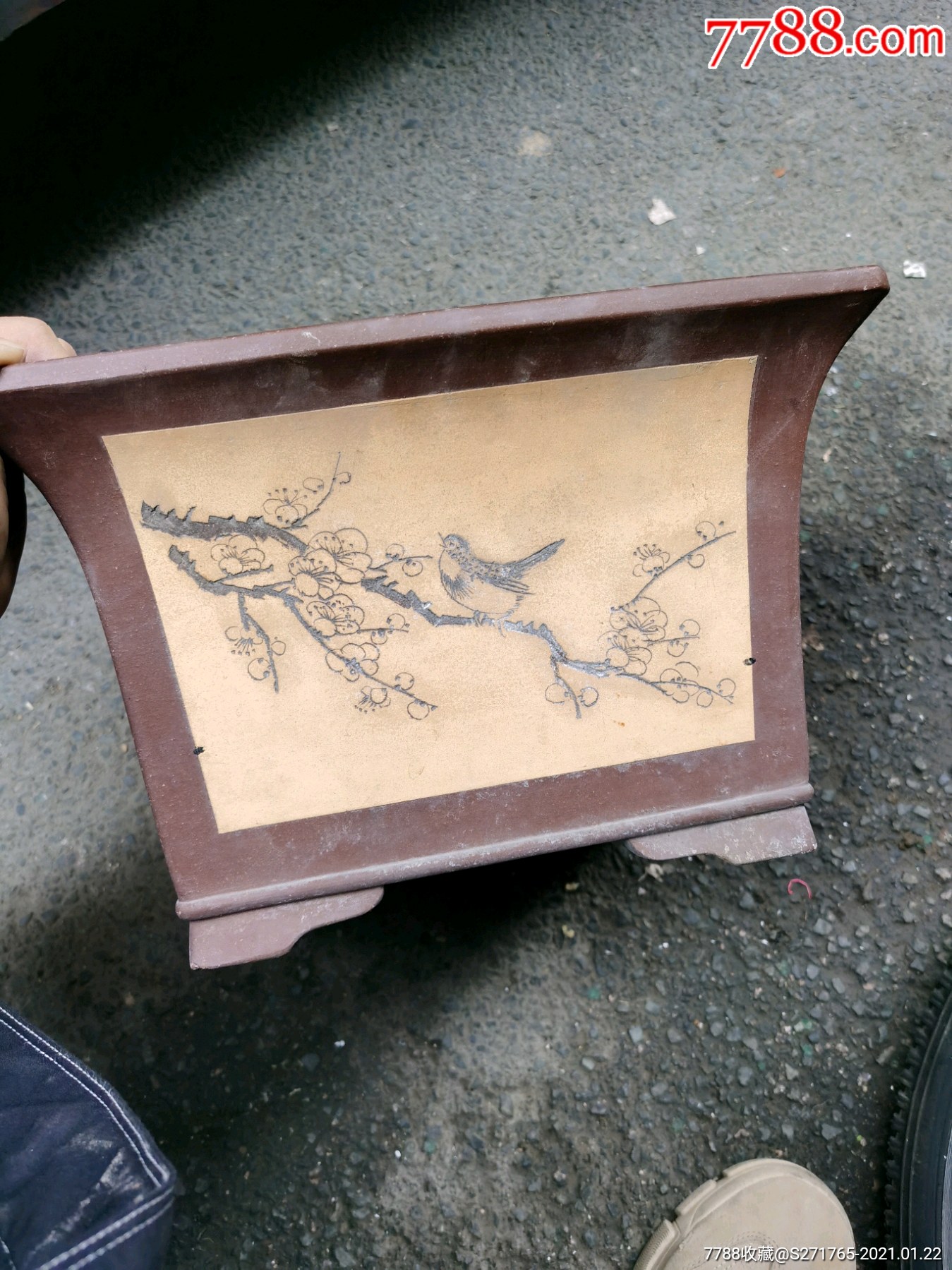 老紫砂方斗盆名家陈建强精制石雨精刻