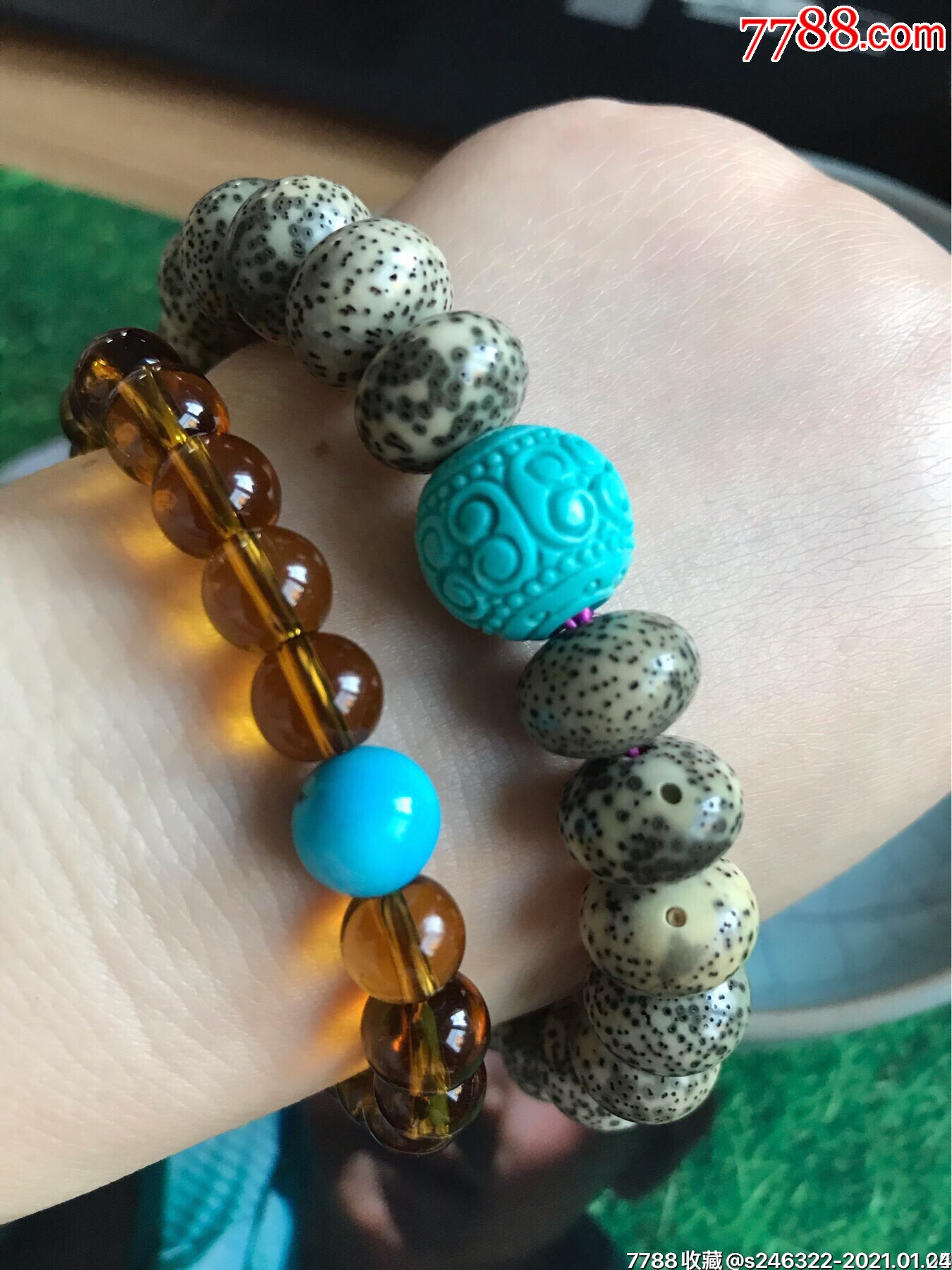 海南石玉料骨瓷佛珠手串配高瓷蓝原矿完美回纹珠