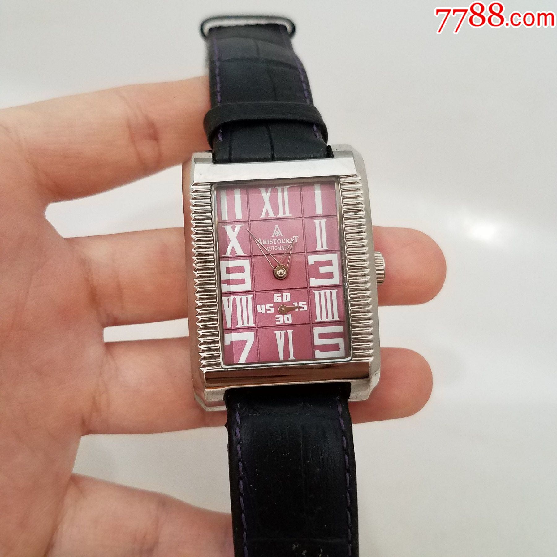 美品】aristocrat自动机械男表【独特小三针设计,漂亮方格紫盘】-手表