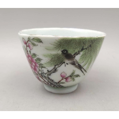 全品民国名家细路粉彩花鸟压手杯_悟陶人【7788钟表收藏】