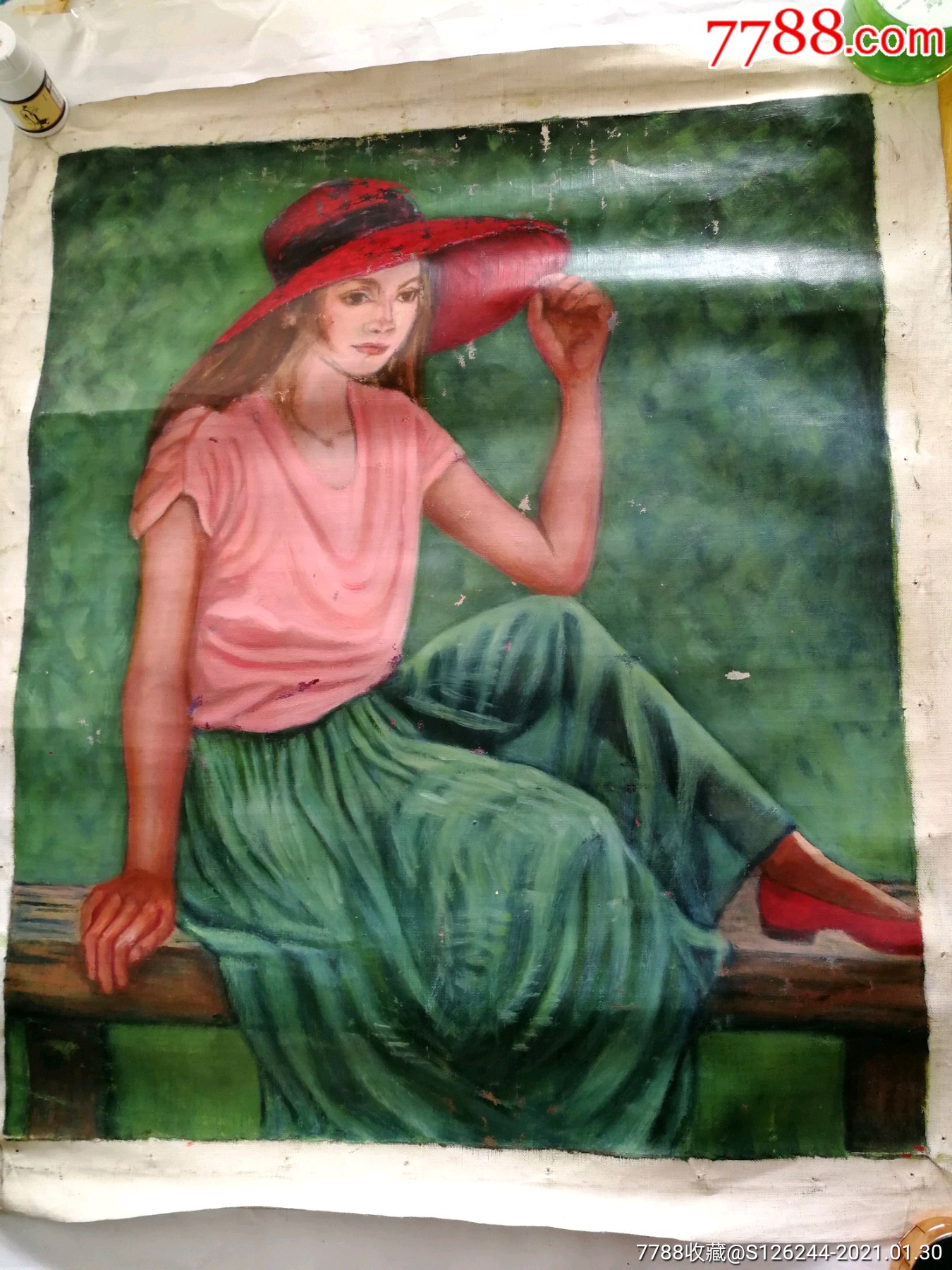苏联或俄罗斯早期人物老油画低价拍!绿裙子女人