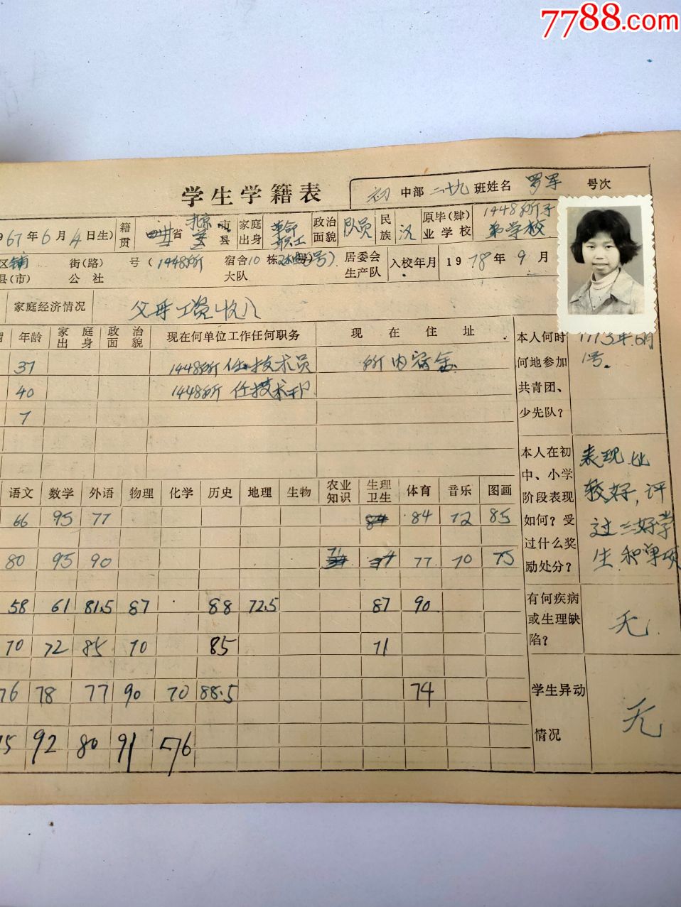 长沙二十四中学学生学籍表,有年代特色,带照片_毕业/学习证件_ 2张