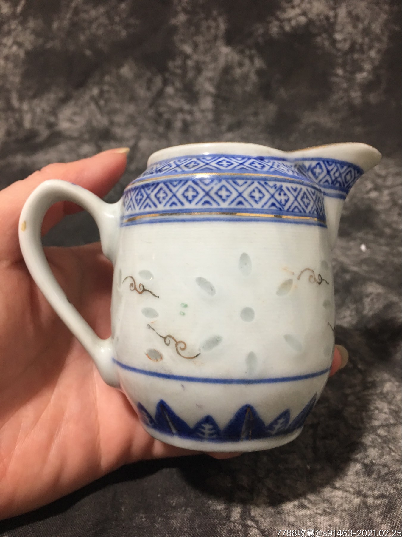 景德镇老厂货瓷器/青花彩玲珑公道杯奶杯