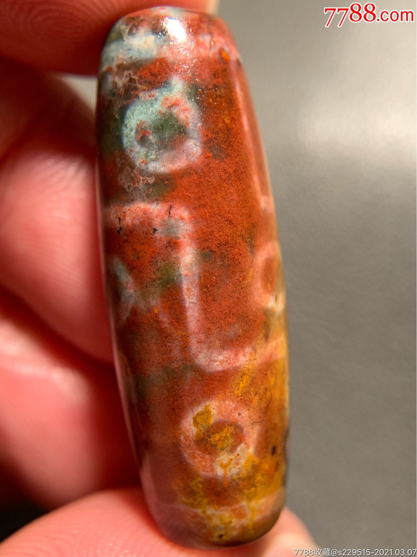 藏传象雄满朱砂多彩九眼天珠37.5*13.5毫米