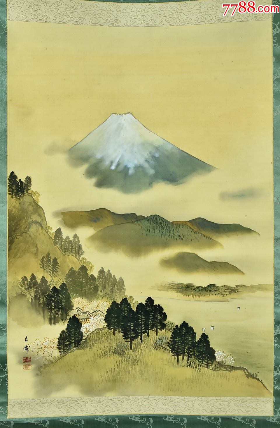 (vh3038)绢本手绘《彩色富士山景图》装裱立轴画一幅