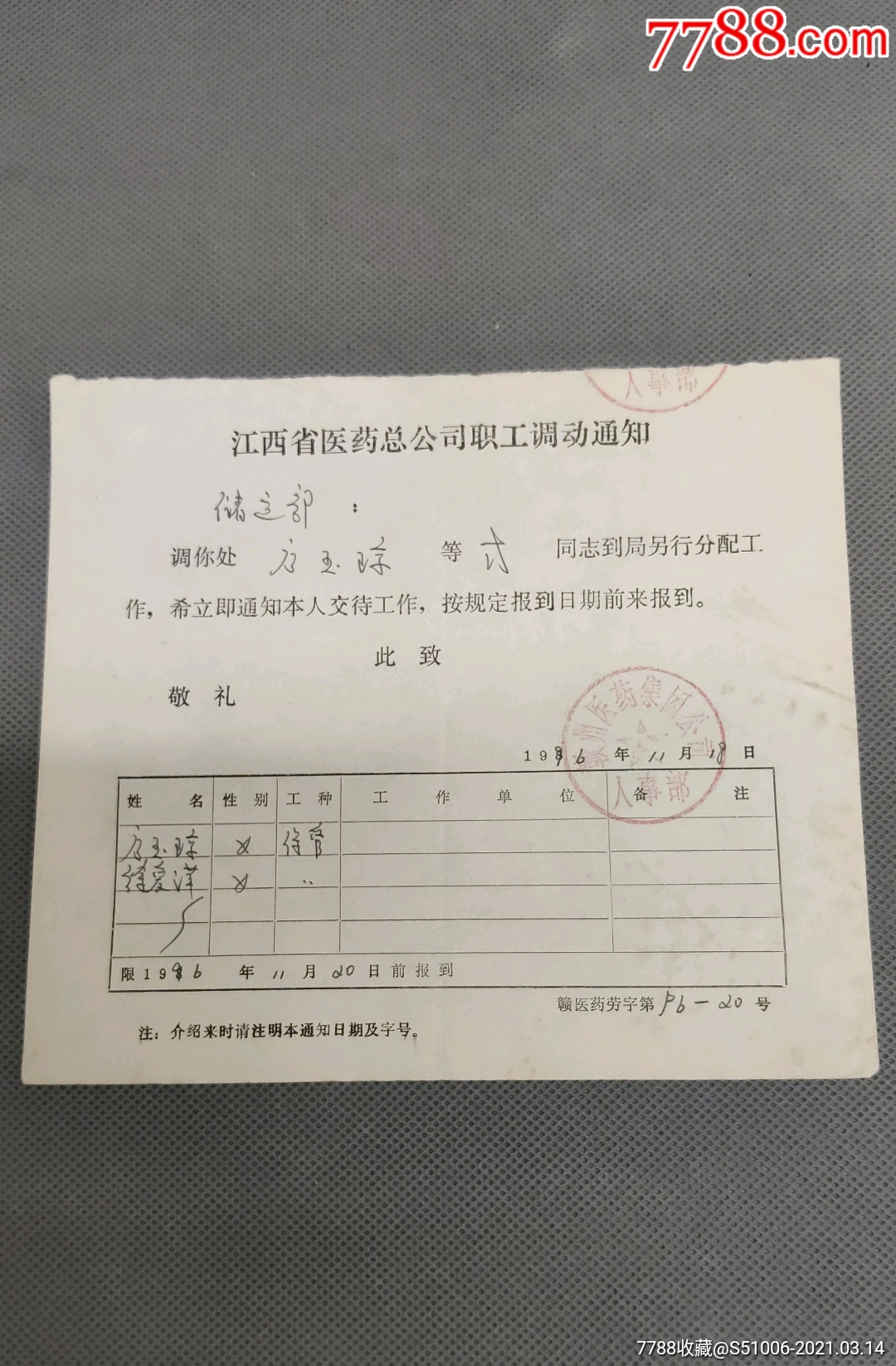 江西省医药总公司职工调动通知-介绍信/函-7788收藏