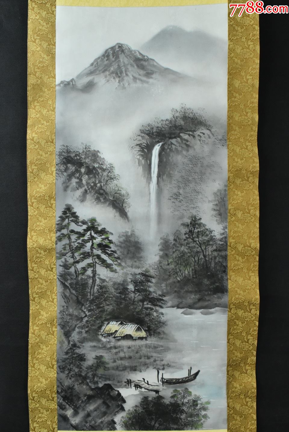 (vh2704)春峰笔绢本手绘《夏日山水画》装裱立轴画一幅