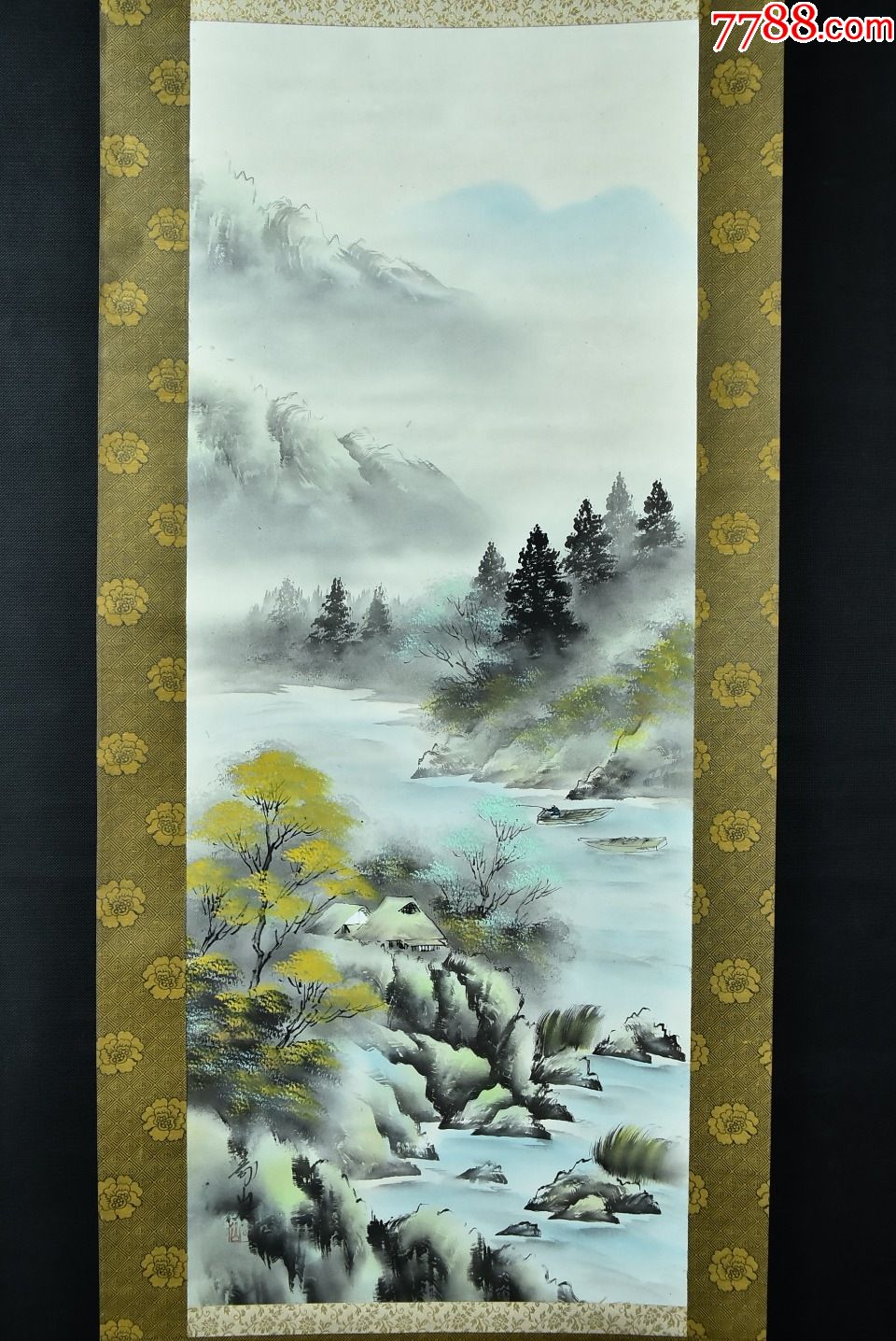 (vh2887)寿山笔绢本手绘《秋日山水画》装裱立轴画一幅