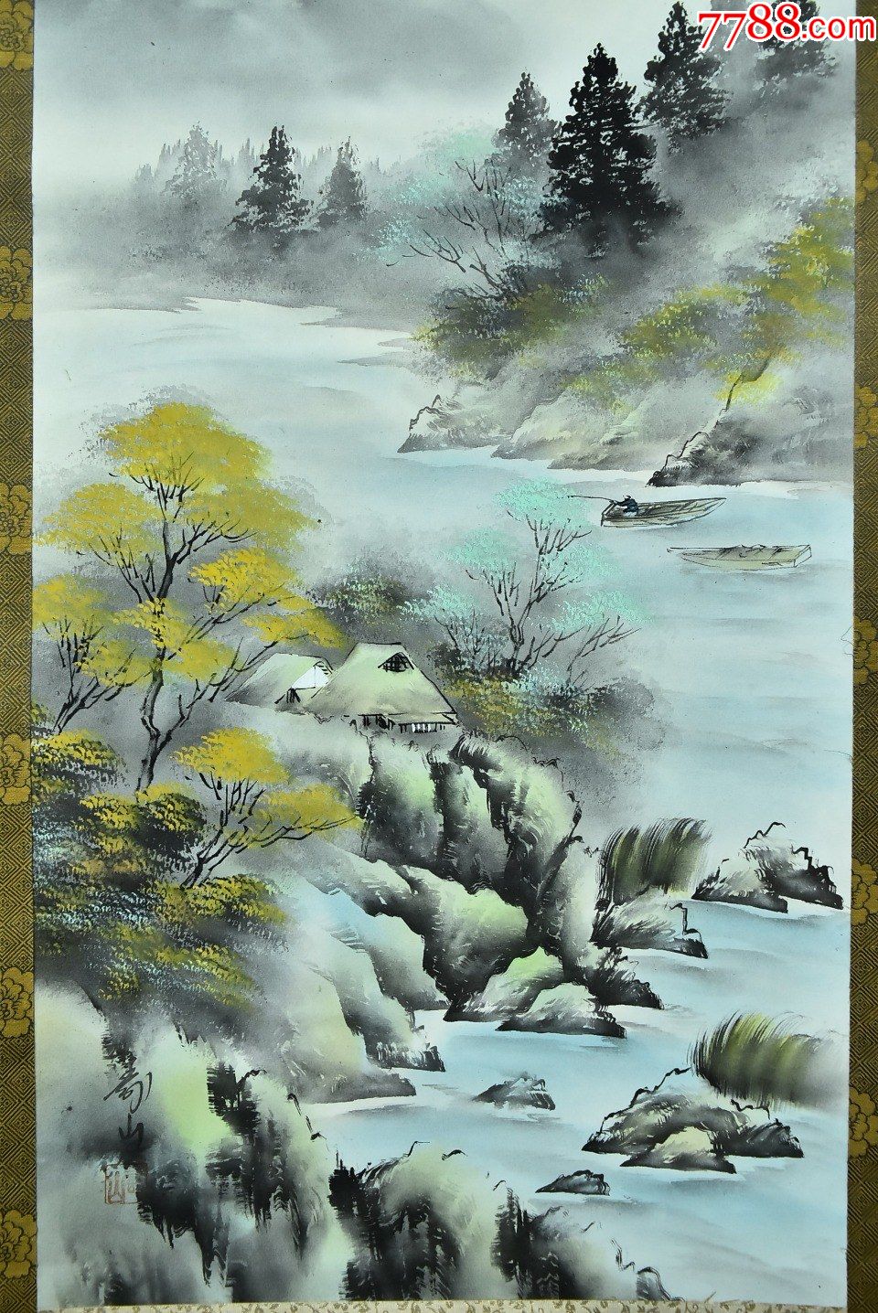 (vh2887)寿山笔绢本手绘《秋日山水画》装裱立轴画一幅