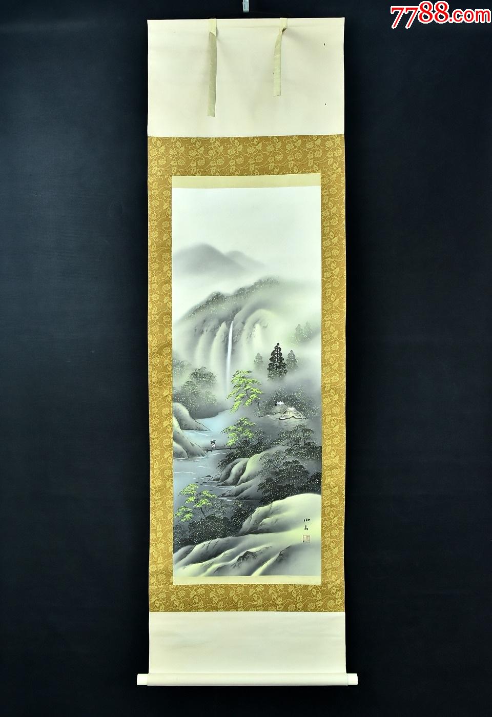 (vh3686)绢本手绘《彩色风景图》装裱立轴画一幅