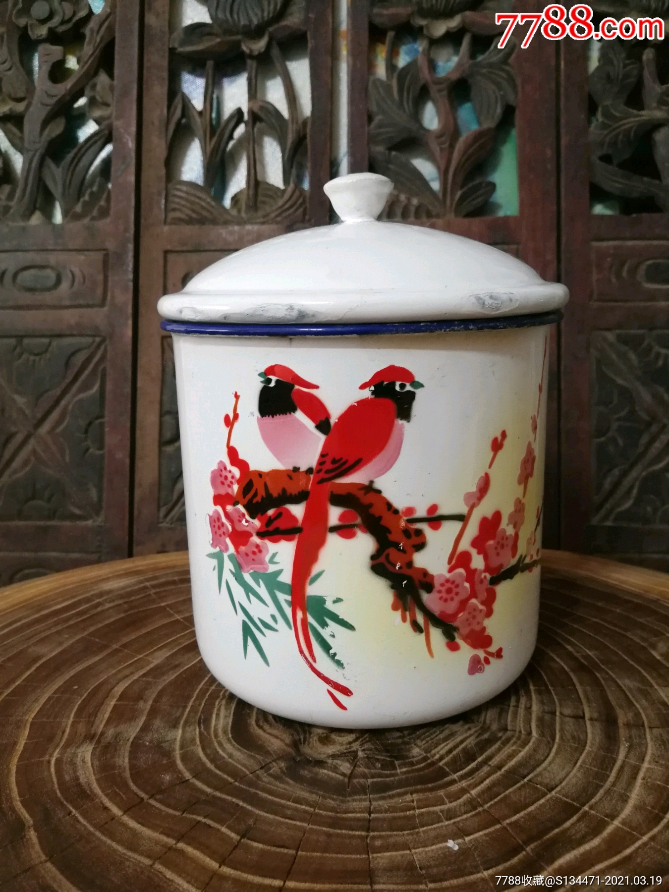 老搪瓷杯大茶缸漂亮花鸟图案