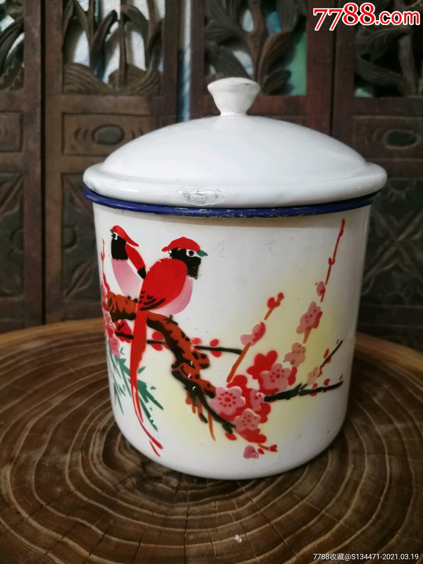 老搪瓷杯大茶缸漂亮花鸟图案_搪瓷【瓶空我醉集宝斋