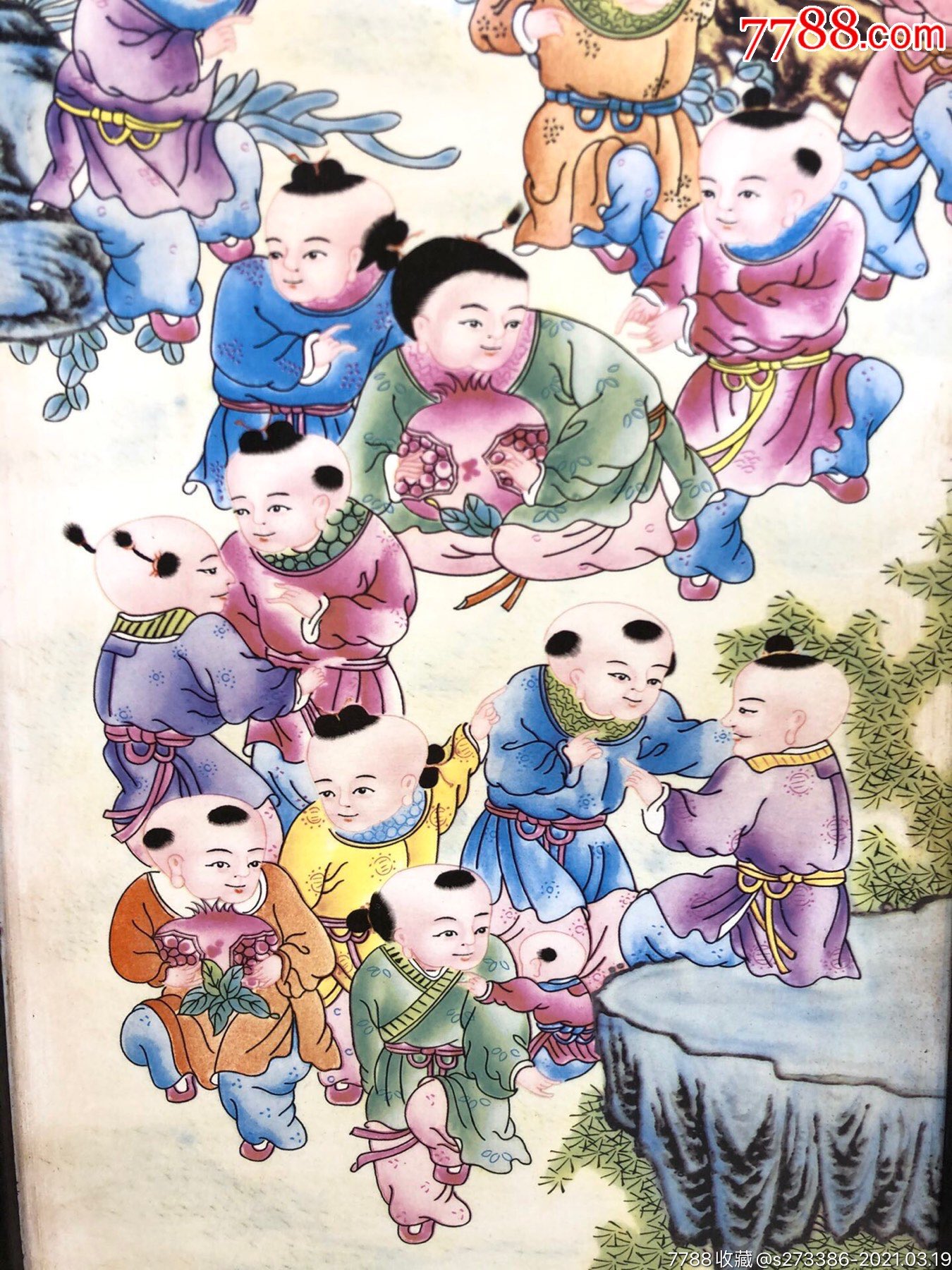 王大凡作者精品小叶紫檀老框镶瓷板画粉彩【百子图】人物四条挂屏做工