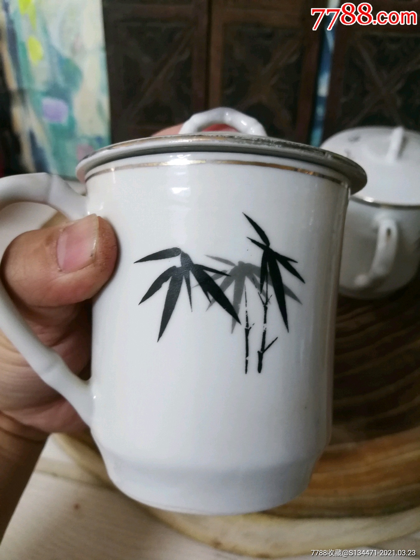 醴陵茶杯盖杯一对合售墨竹图案