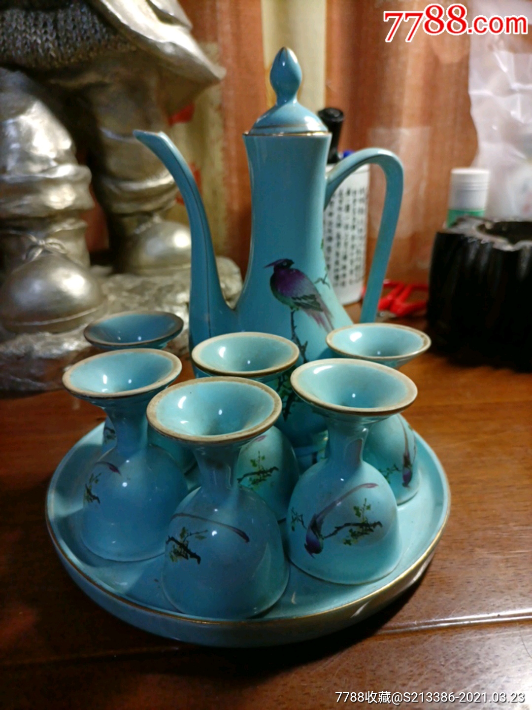 怀旧经典宣化二瓷《锦鸡图案蓝色瓷》酒具一套无损,品相如图!