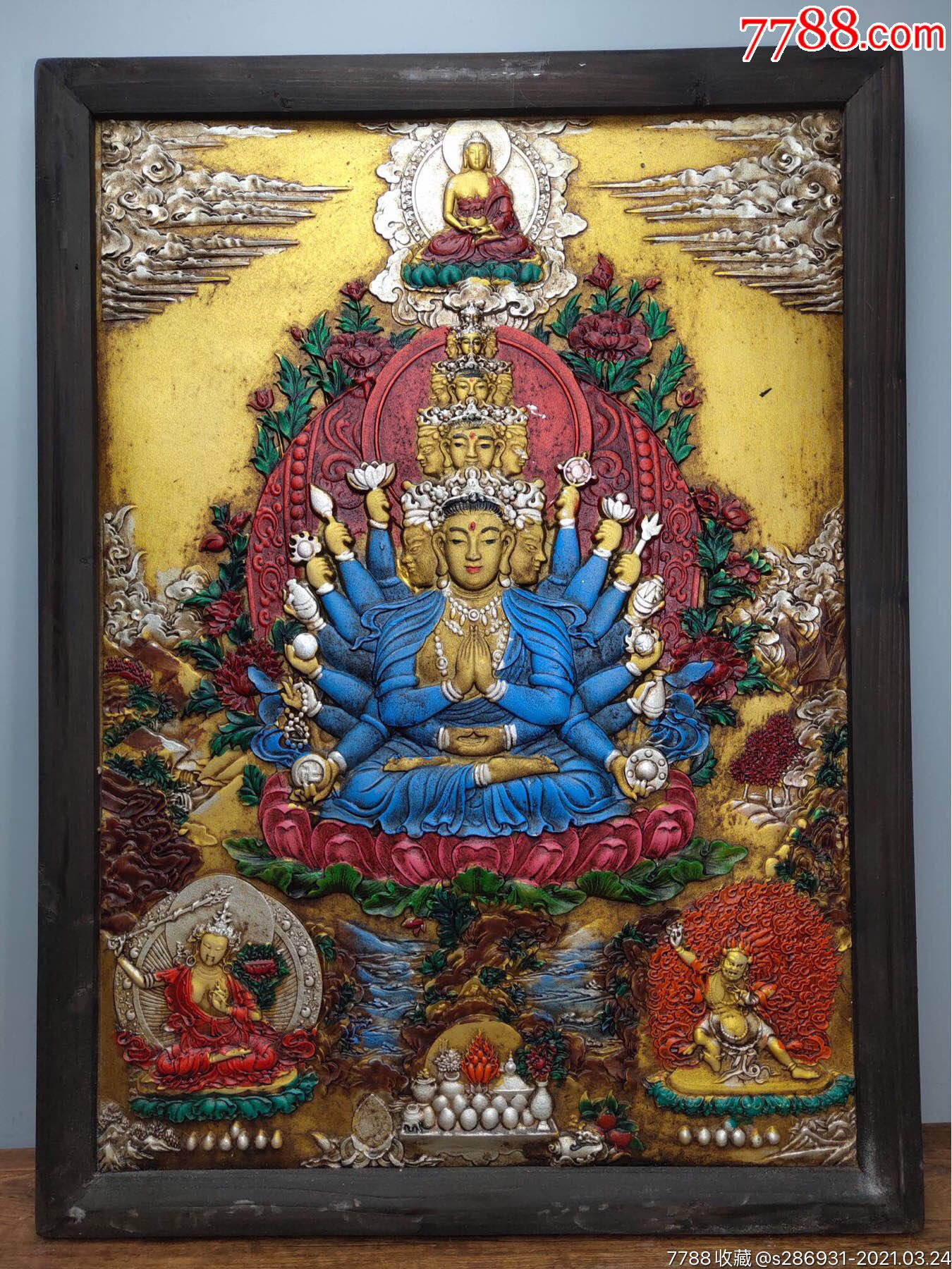 旧藏西藏木框彩绘唐卡佛像千手千面观音菩萨一尊家居装饰挂画高71厘米