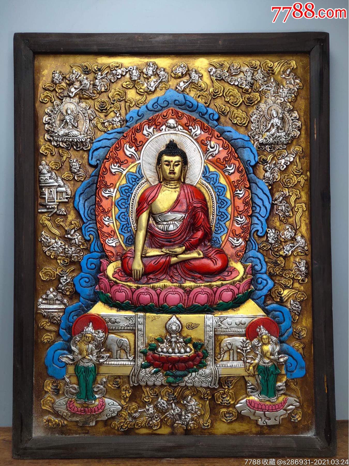 旧藏西藏木框彩绘唐卡佛像大背光释迦如来佛一尊家居装饰挂画高76厘米