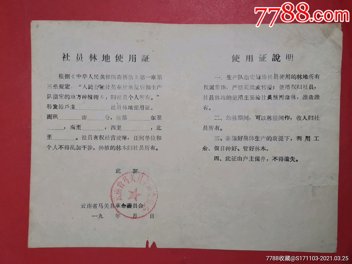 云南省马关县革命委员会社员林地使用证