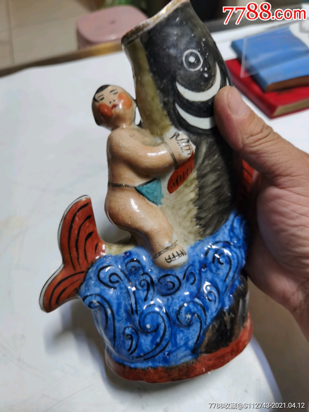 五六十年代娃娃抱鱼瓷台灯座吧(少见)