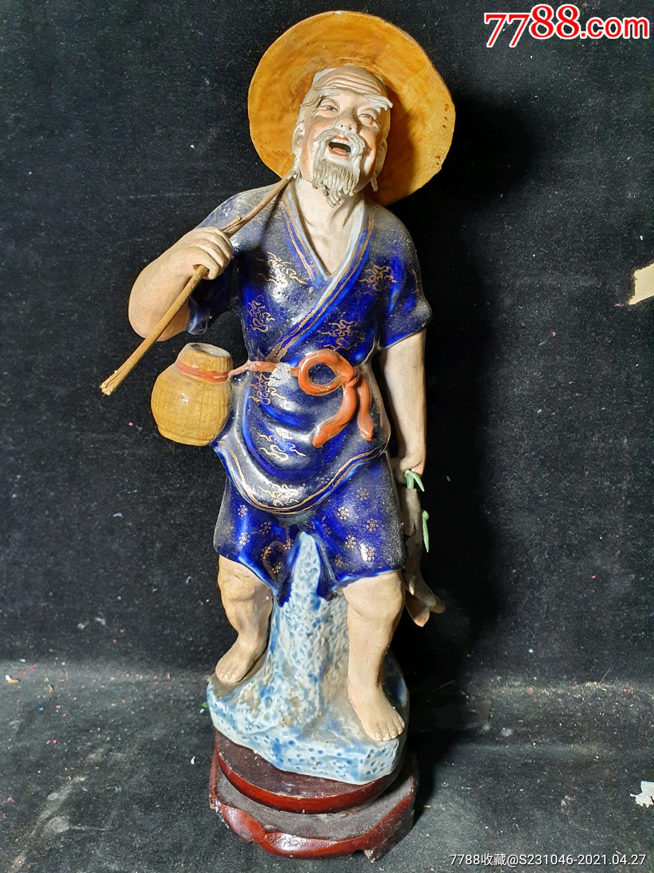 早期雕塑瓷厂老艺人全手工雕塑加彩老渔翁瓷像摆件