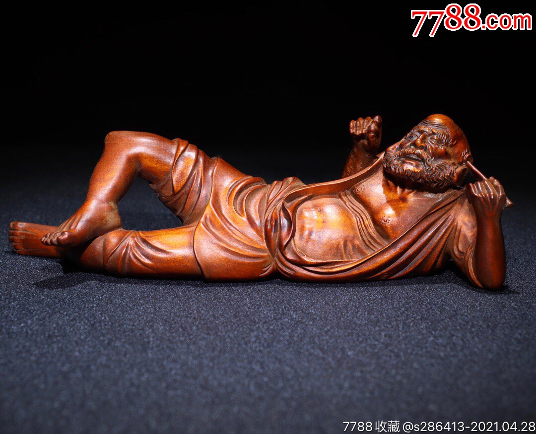 黄杨木精工雕刻卧罗汉挖耳长18厘米宽4厘米高7厘米重137克