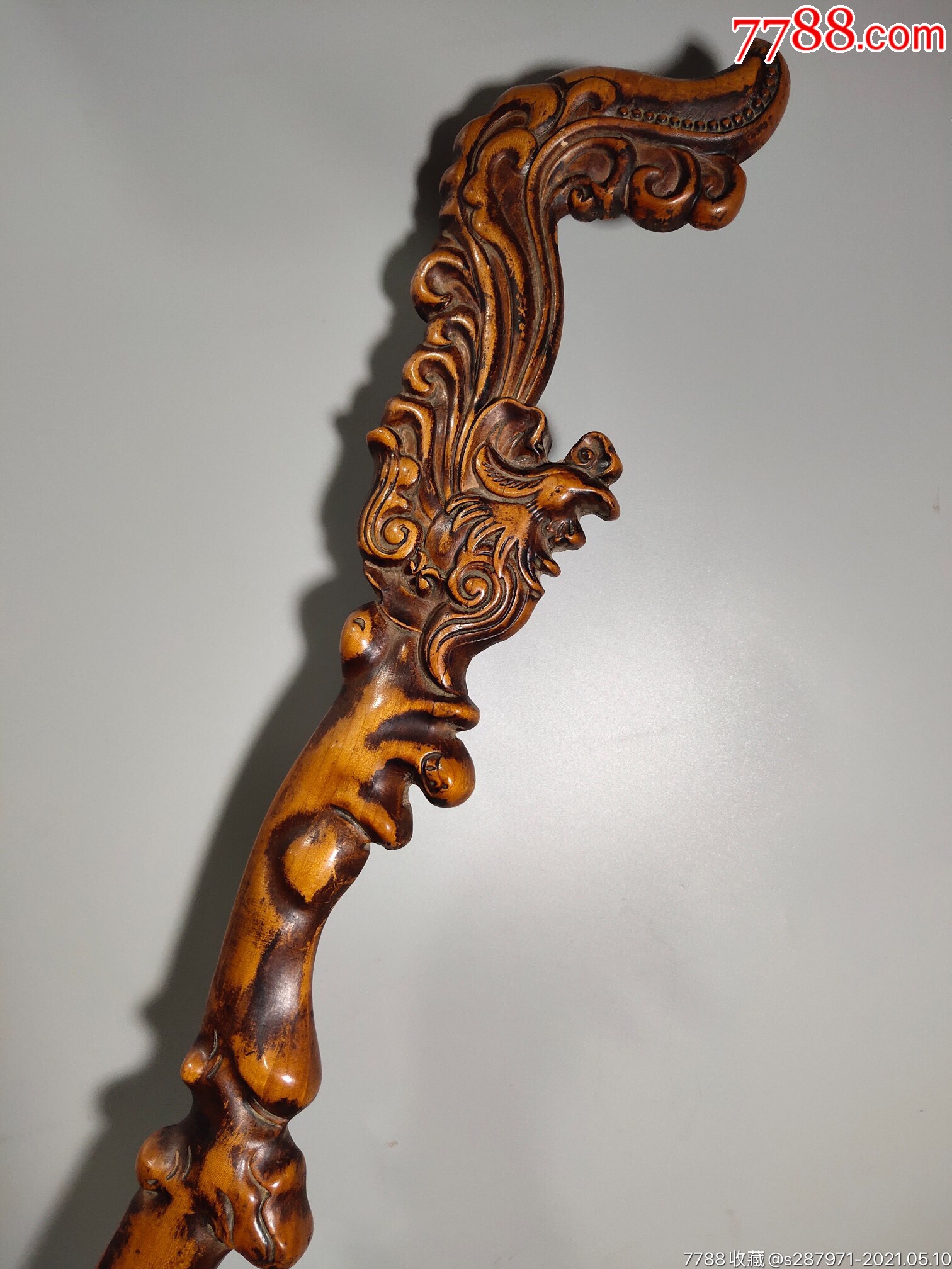 旧藏老桃木雕刻凤凰拐杖桃木凤凰拐杖一把直径长92厘米宽19.