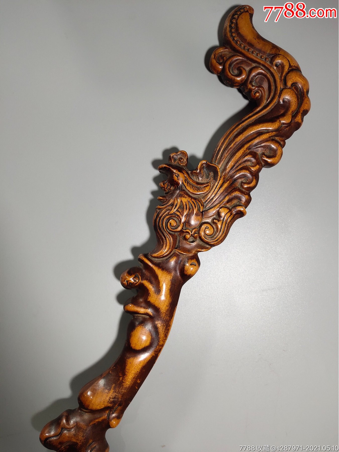 旧藏老桃木雕刻凤凰拐杖桃木凤凰拐杖一把直径长92厘米宽19.