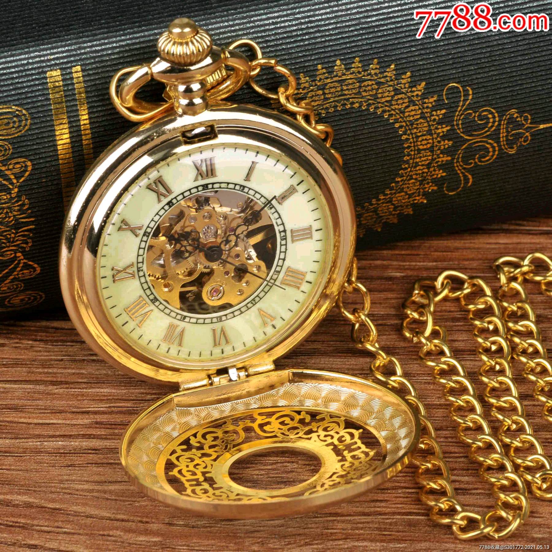 经典大号怀表金色半自动机械密花外贸粗链机械厂家一件代发8*35