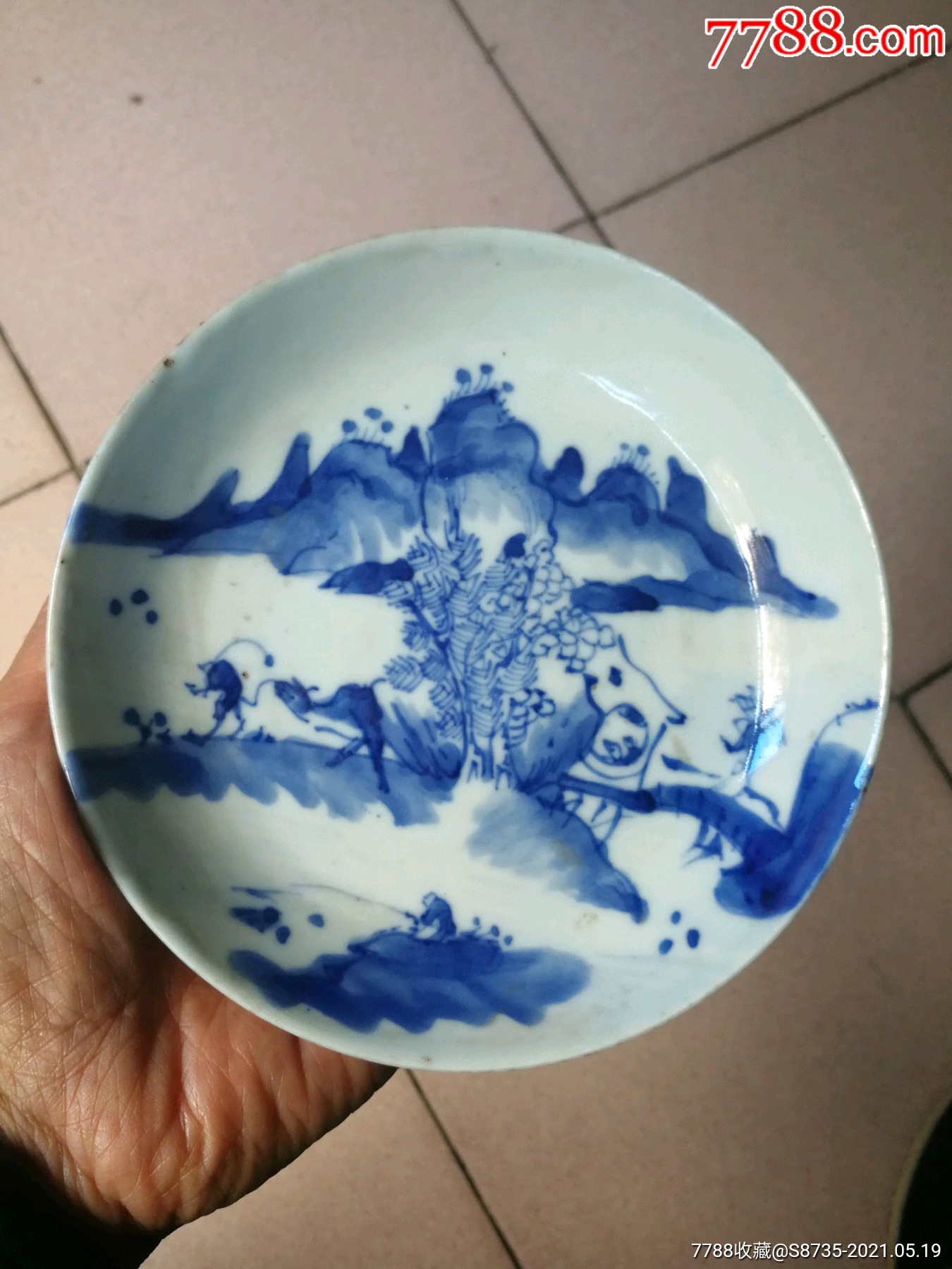 清代青花渔樵耕读盘(品好)14x2.