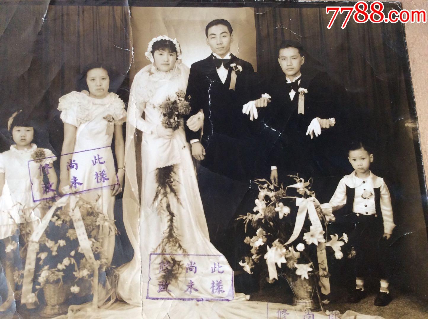 大尺寸民国婚纱照,一共六人合影.两对美女俊男加两个小花童