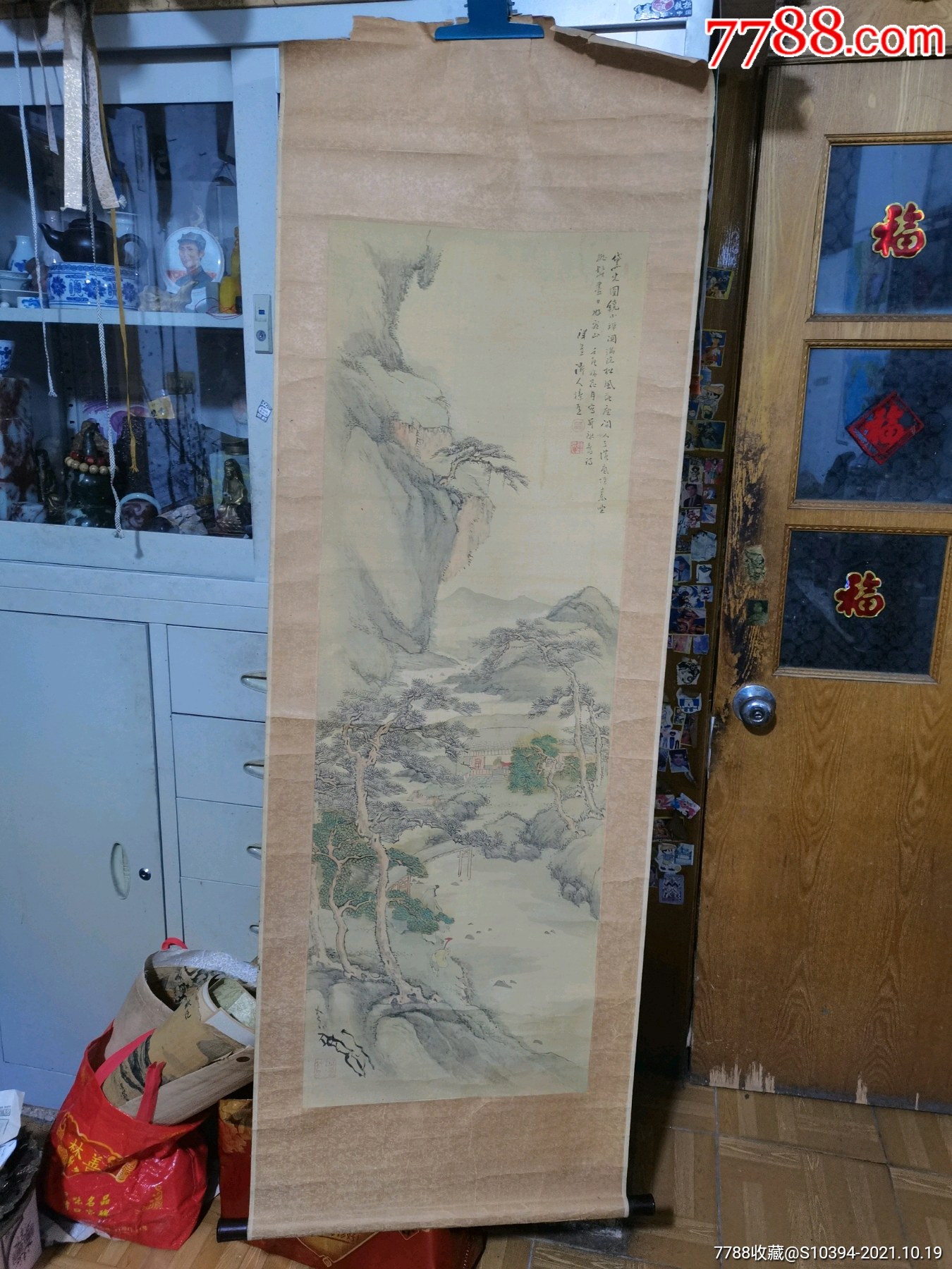 民国名家山水人物绢大画红木轴,180*50厘米的,如图上部坏,收藏品_花鸟国画原作_新时空古董店【7788收藏__收藏热线】