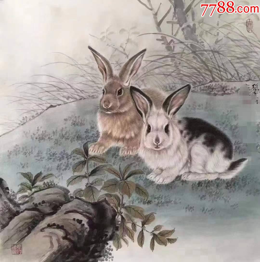天来堂惟妙惟肖张玉涛四尺斗方工笔兔子定制