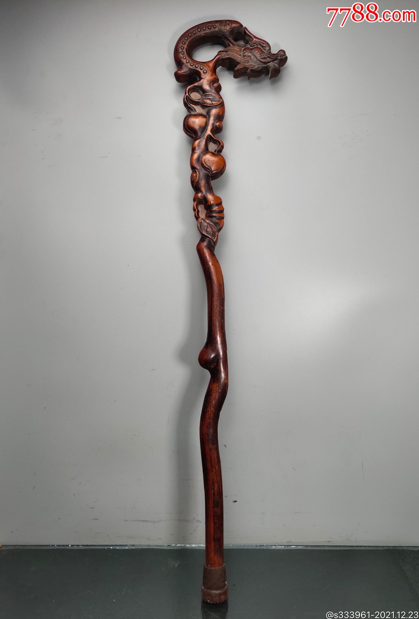 民国漆金木雕龙头拐杖-木制拐杖-7788收藏
